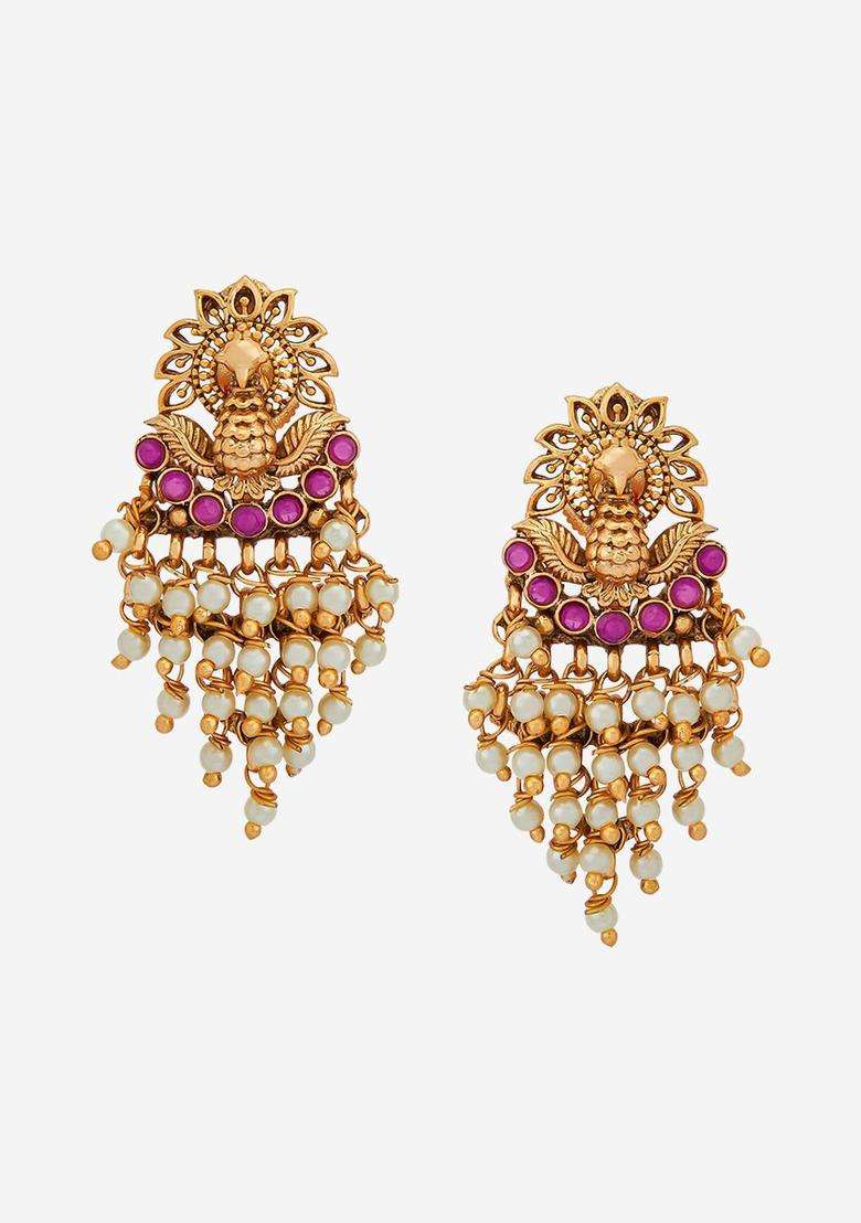 Gold-Plated Stones Studded & Beaded Classic Drop Earrings for Women | Traditional Temple Jewellery for Wedding & Festive Wear | Gift for Her - Indya