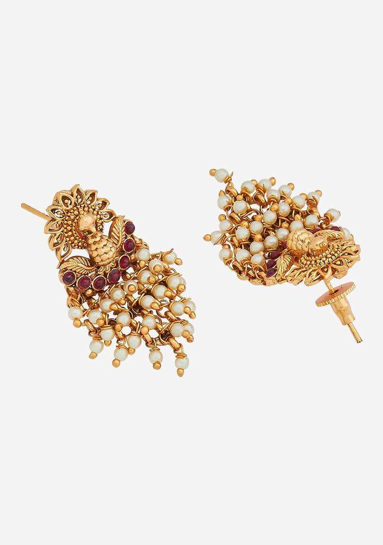 Gold-Plated Stones Studded & Beaded Classic Drop Earrings for Women | Traditional Temple Jewellery for Wedding & Festive Wear | Gift for Her - Indya