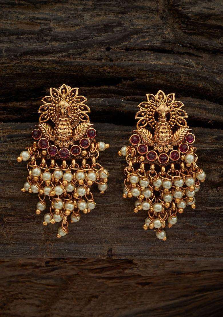 Gold-Plated Stones Studded & Beaded Classic Drop Earrings for Women | Traditional Temple Jewellery for Wedding & Festive Wear | Gift for Her - Indya
