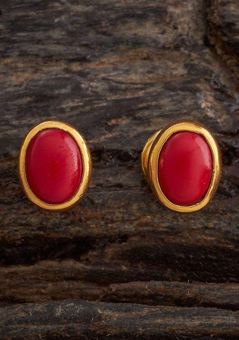 92.5 Pure Silver Gold-Plated Stones Studded Temple Studs for Women | Traditional Temple Jewellery for Wedding & Festive Wear | Gift for Her - Indya