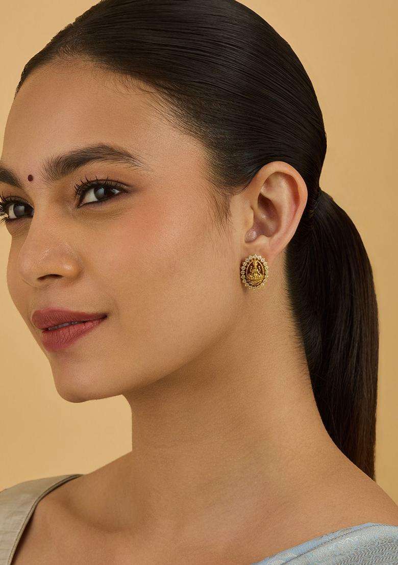Gold-Plated Embellished Bridal Contemporary Studs Earrings with Zircon for Women | Traditional Temple Jewellery for Wedding & Festive Wear | Gift for Her - Indya