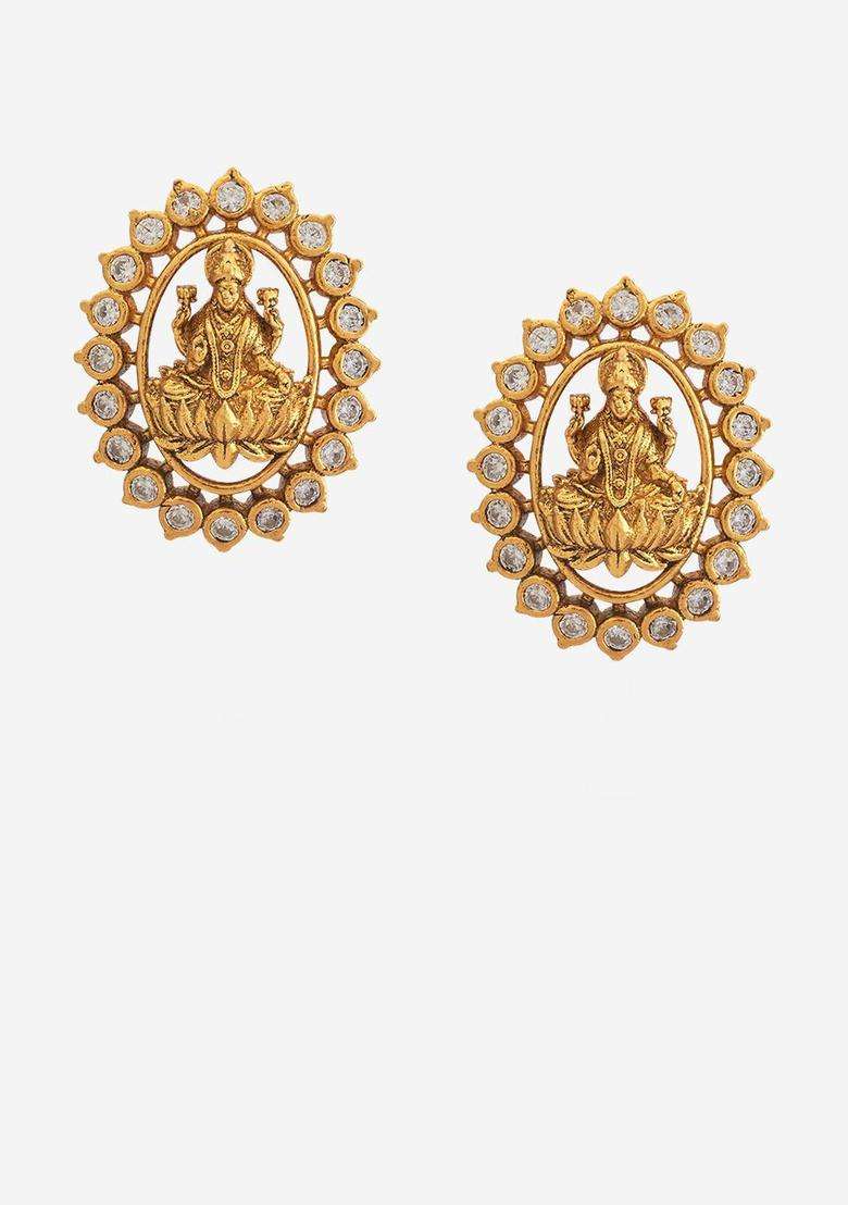 Gold-Plated Embellished Bridal Contemporary Studs Earrings with Zircon for Women | Traditional Temple Jewellery for Wedding & Festive Wear | Gift for Her - Indya