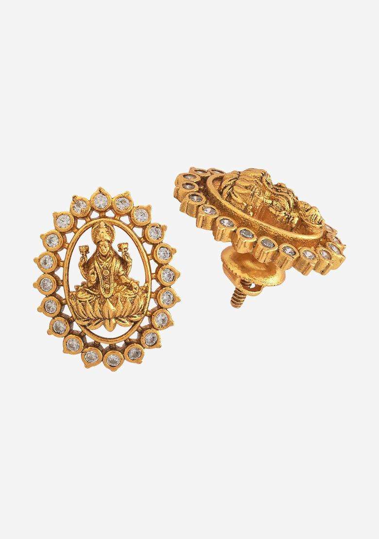Gold-Plated Embellished Bridal Contemporary Studs Earrings with Zircon for Women | Traditional Temple Jewellery for Wedding & Festive Wear | Gift for Her - Indya
