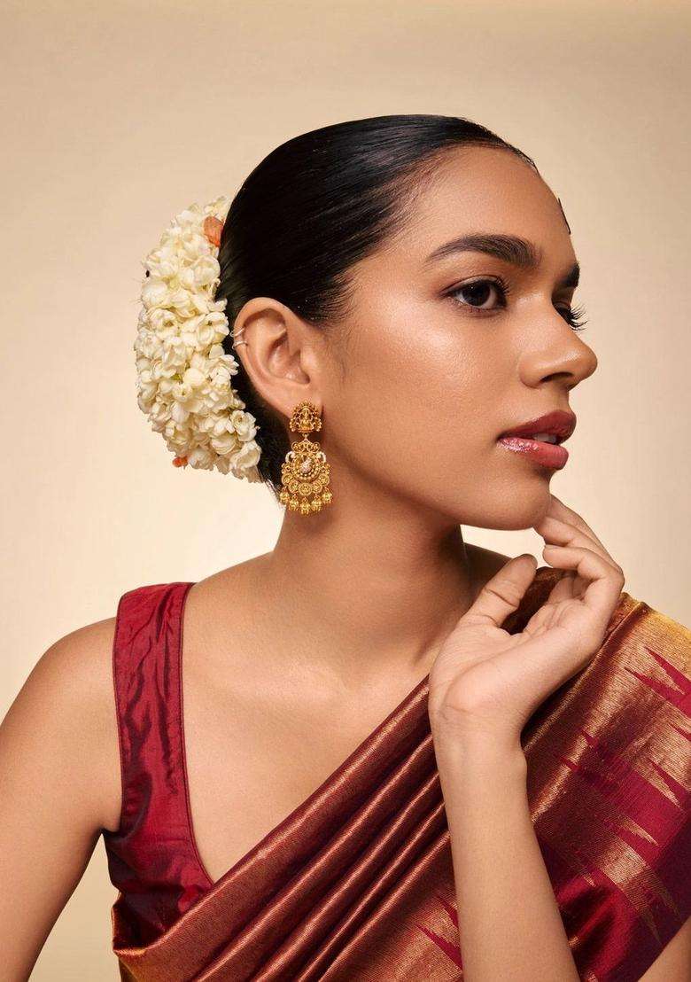 Geometric Drop Gold-Plated Ruby Ethnic Earrings for Women | Traditional Temple Jewellery for Wedding & Festive Wear | Gift for Her - Indya