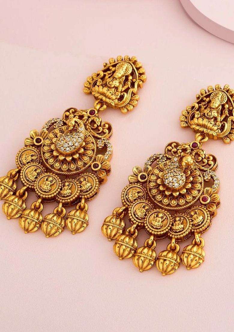 Geometric Drop Gold-Plated Ruby Ethnic Earrings for Women | Traditional Temple Jewellery for Wedding & Festive Wear | Gift for Her - Indya