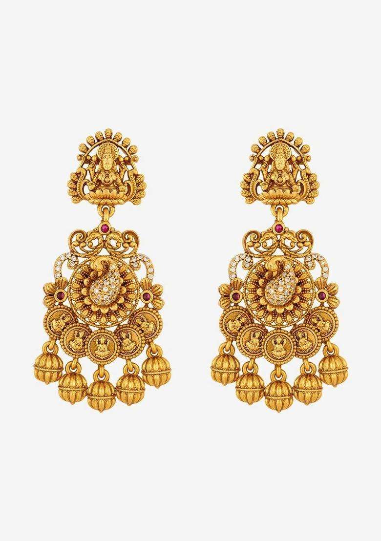 Geometric Drop Gold-Plated Ruby Ethnic Earrings for Women | Traditional Temple Jewellery for Wedding & Festive Wear | Gift for Her - Indya