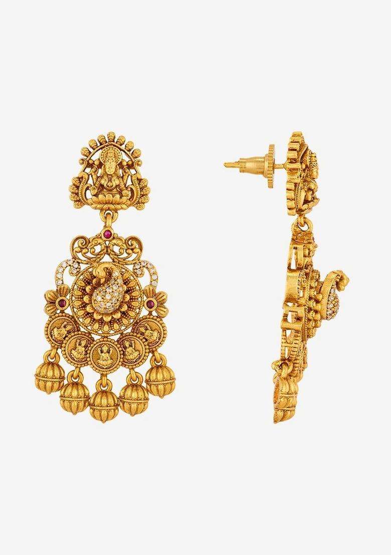 Geometric Drop Gold-Plated Ruby Ethnic Earrings for Women | Traditional Temple Jewellery for Wedding & Festive Wear | Gift for Her - Indya