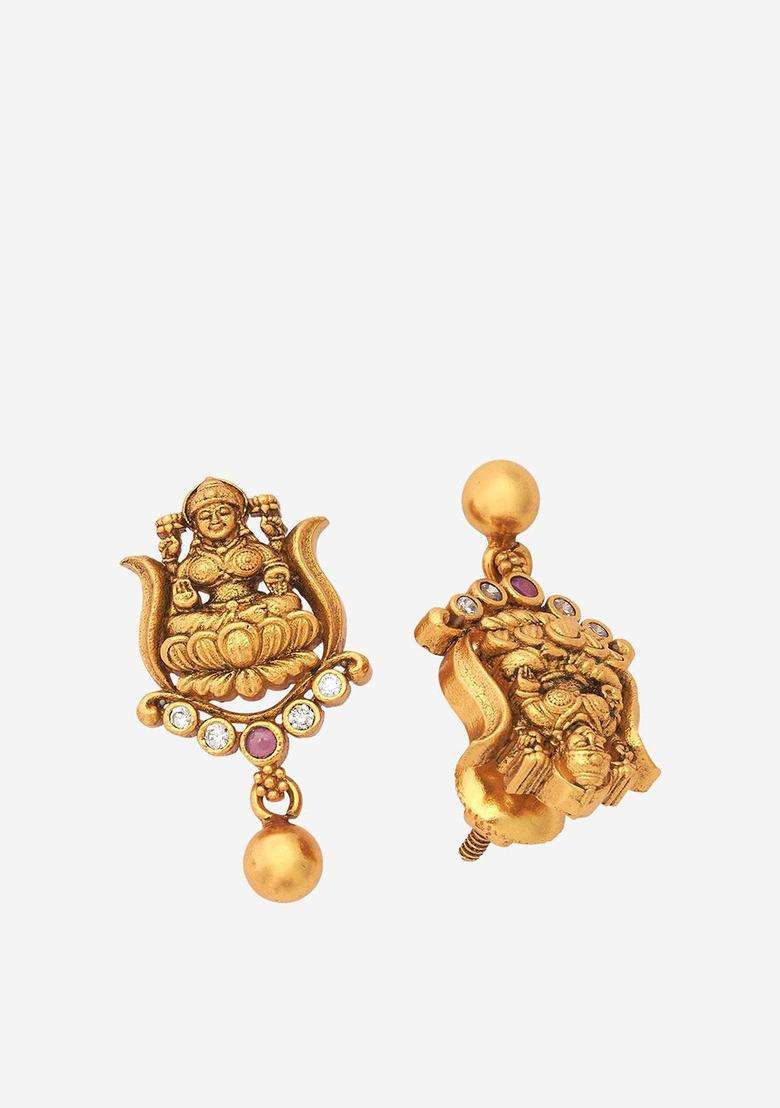 Gold-Plated Embellished Bridal 92.5 Ruby Stone Studed Temple Studs for Women | Traditional Temple Jewellery for Wedding & Festive Wear | Gift for Her - Indya