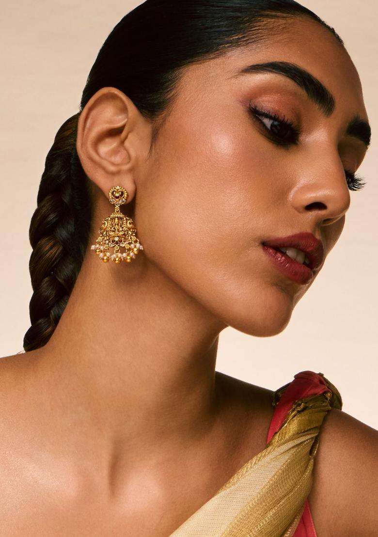 Geometric Drop Gold-Plated Ruby Festive Earrings for Women | Traditional Temple Jewellery for Wedding & Festive Wear | Gift for Her - Indya