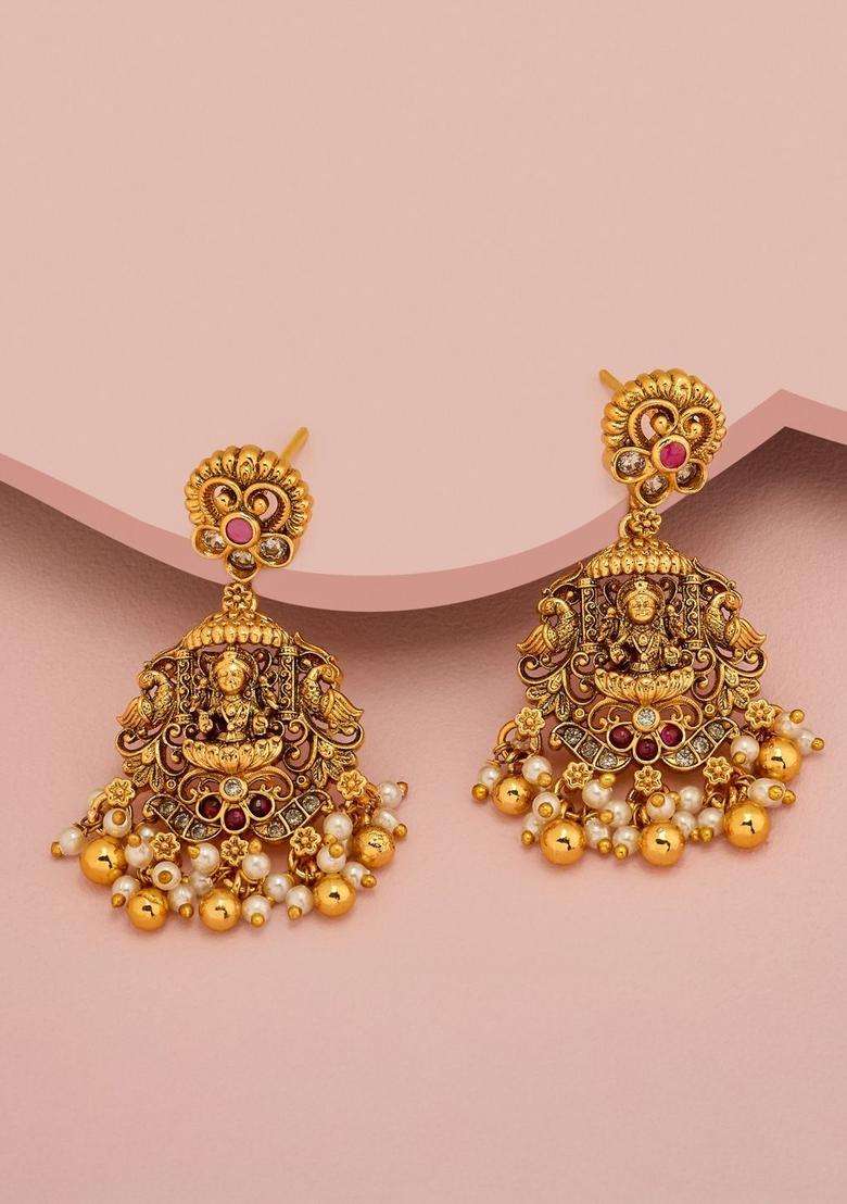 Geometric Drop Gold-Plated Ruby Festive Earrings for Women | Traditional Temple Jewellery for Wedding & Festive Wear | Gift for Her - Indya