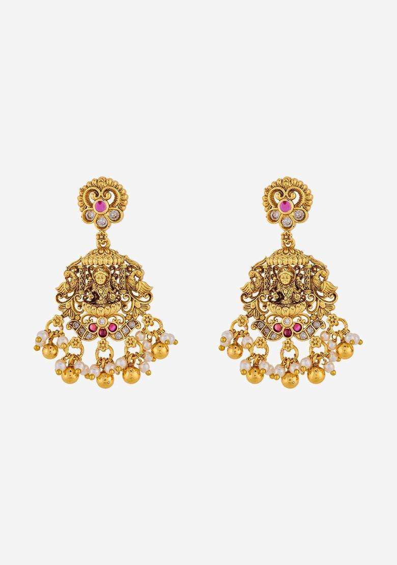 Geometric Drop Gold-Plated Ruby Festive Earrings for Women | Traditional Temple Jewellery for Wedding & Festive Wear | Gift for Her - Indya