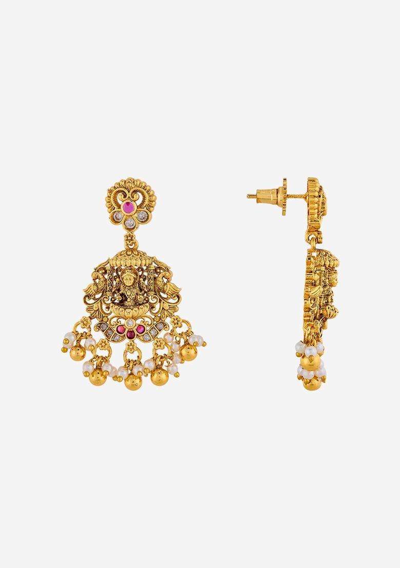 Geometric Drop Gold-Plated Ruby Festive Earrings for Women | Traditional Temple Jewellery for Wedding & Festive Wear | Gift for Her - Indya