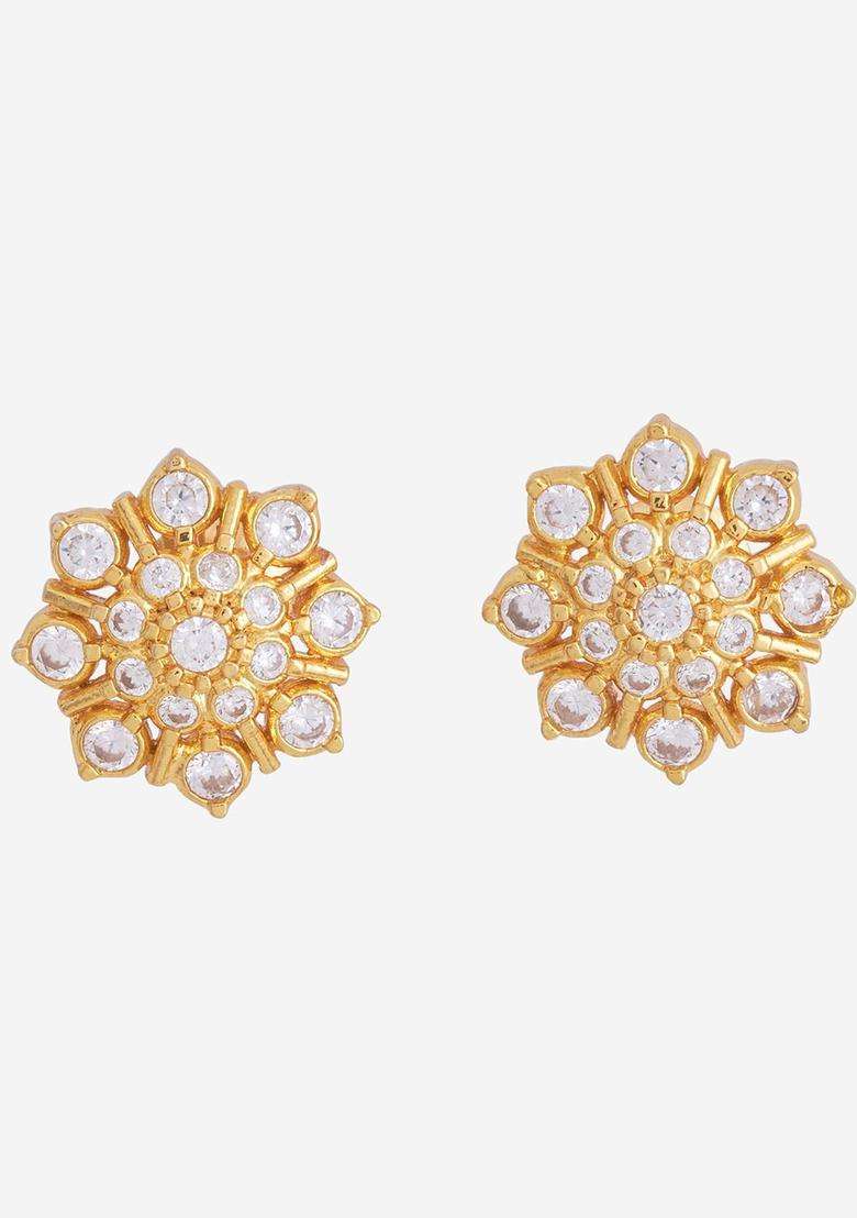 Gold-Plated Embellished Bridal 92.5 Silver White Zircon Stud Earrings with CZ Stone for Women | Traditional Temple Jewellery for Wedding & Festive Wear | Gift for Her - Indya