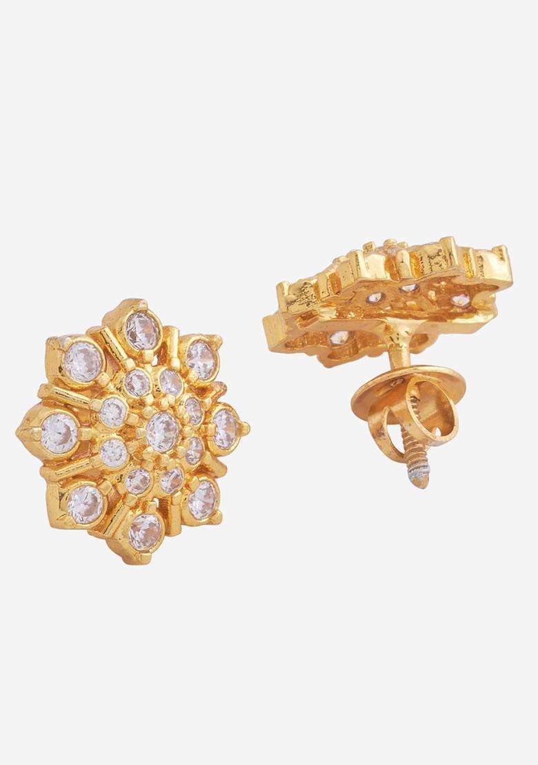 Gold-Plated Embellished Bridal 92.5 Silver White Zircon Stud Earrings with CZ Stone for Women | Traditional Temple Jewellery for Wedding & Festive Wear | Gift for Her - Indya