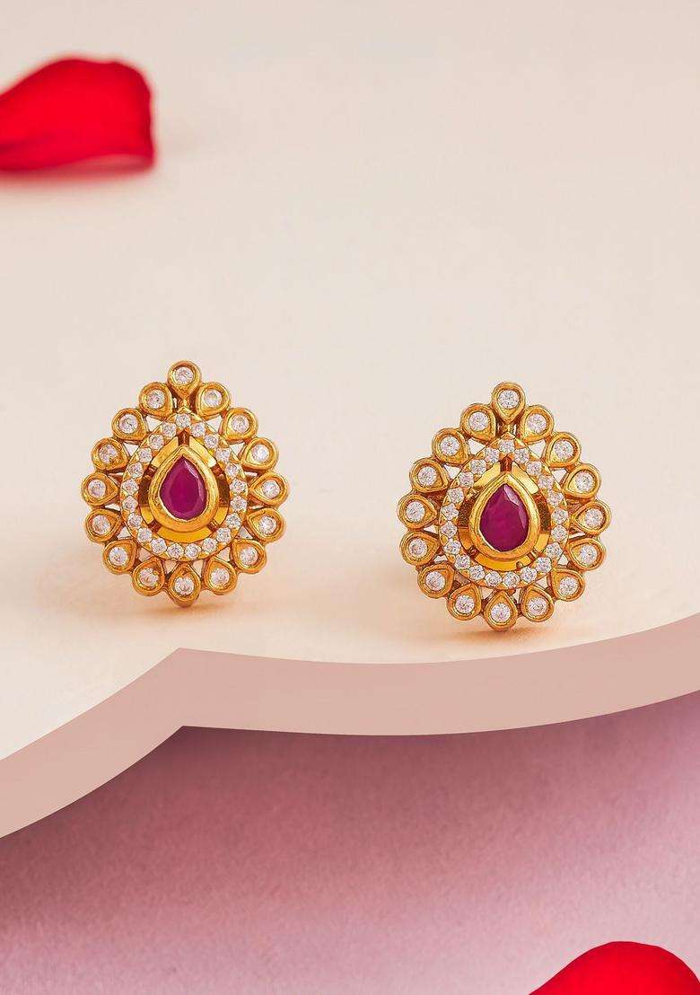 Gold-Plated 92.5 Pure Silver Stone Studded Temple Studs for Women | Traditional Temple Jewellery for Wedding & Festive Wear | Gift for Her - Indya