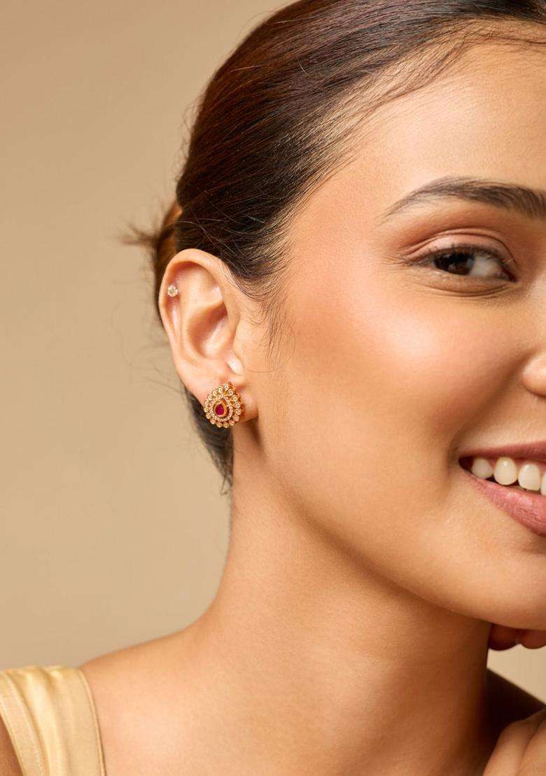 Gold-Plated 92.5 Pure Silver Stone Studded Temple Studs for Women | Traditional Temple Jewellery for Wedding & Festive Wear | Gift for Her - Indya