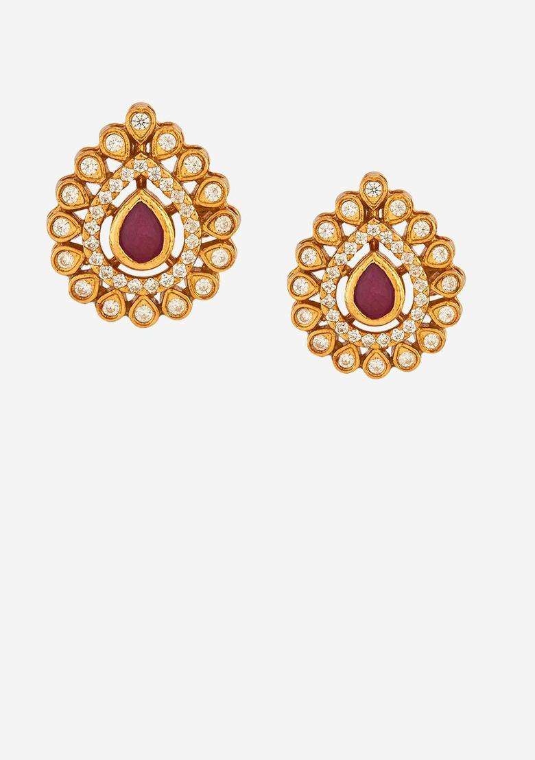 Gold-Plated 92.5 Pure Silver Stone Studded Temple Studs for Women | Traditional Temple Jewellery for Wedding & Festive Wear | Gift for Her - Indya
