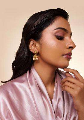 Gold-Plated Stones Studded & Beaded Dome Shaped Jhumkas for Women | Traditional Temple Jewellery for Wedding & Festive Wear | Gift for Her