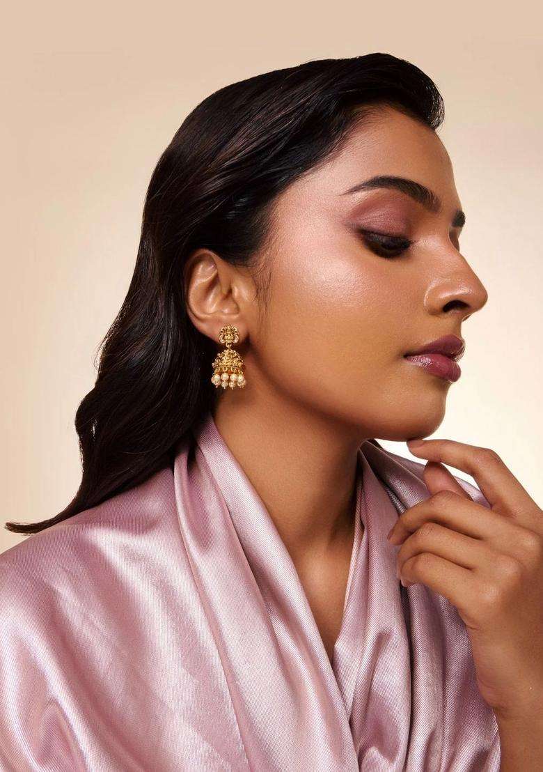Gold-Plated Stones Studded & Beaded Dome Shaped Jhumkas for Women | Traditional Temple Jewellery for Wedding & Festive Wear | Gift for Her - Indya