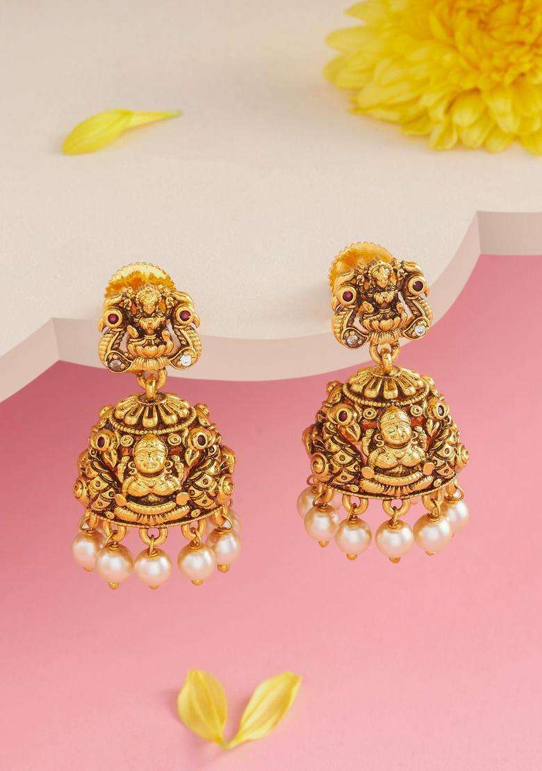 Gold-Plated Stones Studded & Beaded Dome Shaped Jhumkas for Women | Traditional Temple Jewellery for Wedding & Festive Wear | Gift for Her - Indya
