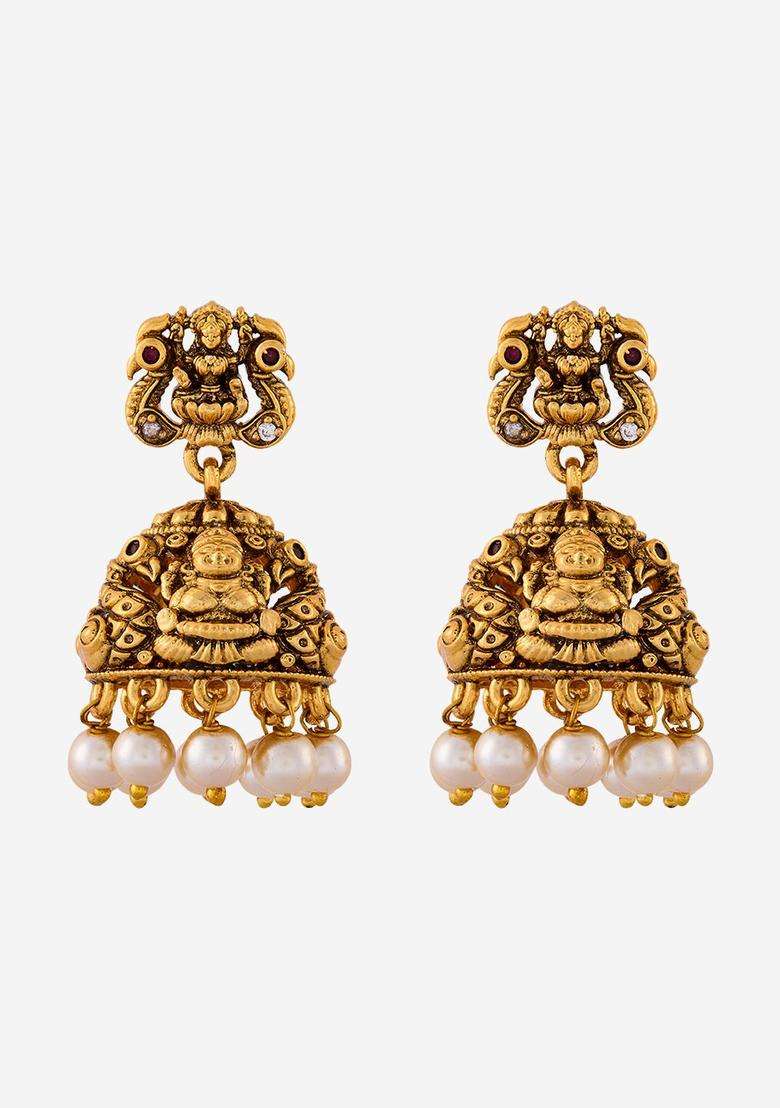 Gold-Plated Stones Studded & Beaded Dome Shaped Jhumkas for Women | Traditional Temple Jewellery for Wedding & Festive Wear | Gift for Her - Indya