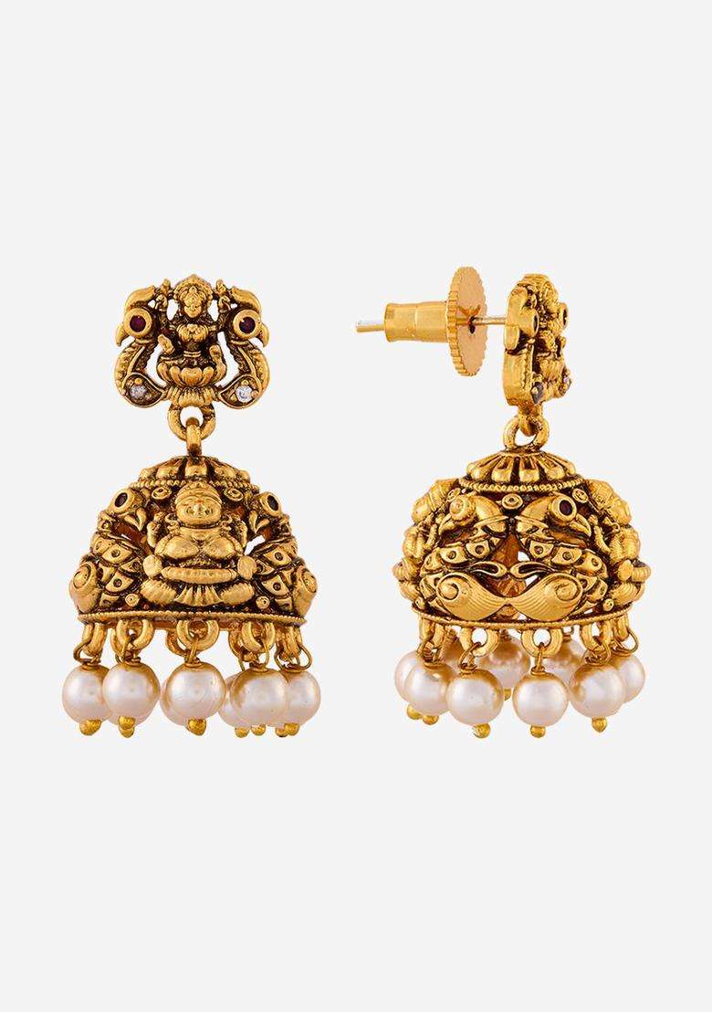 Gold-Plated Stones Studded & Beaded Dome Shaped Jhumkas for Women | Traditional Temple Jewellery for Wedding & Festive Wear | Gift for Her - Indya
