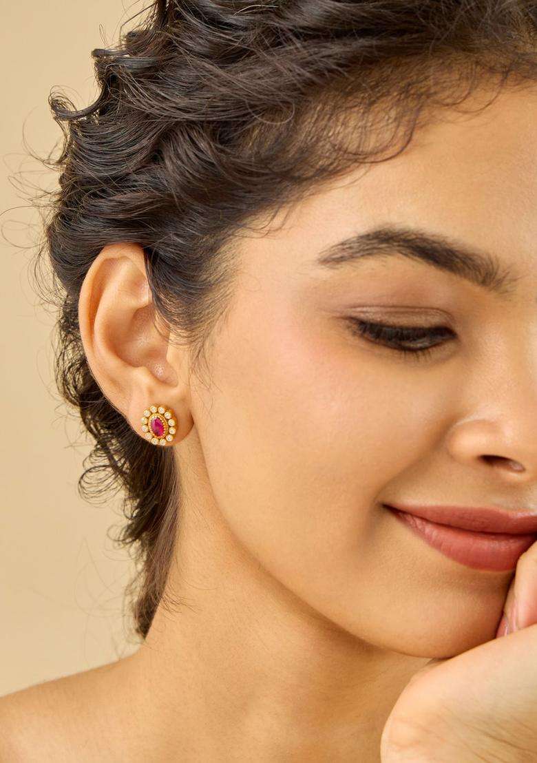 92.5 Pure Silver Gold-Plated Contemporary Studs Earrings for Women | Traditional Temple Jewellery for Wedding & Festive Wear | Gift for Her - Indya