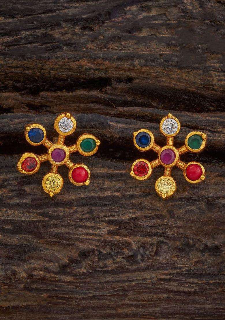 92.5 Pure Silver Gold-Plated Floral Stone Studded Earrings for Women | Traditional Temple Jewellery for Wedding & Festive Wear | Gift for Her - Indya