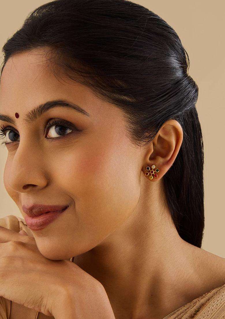 92.5 Pure Silver Gold-Plated Floral Stone Studded Earrings for Women | Traditional Temple Jewellery for Wedding & Festive Wear | Gift for Her - Indya