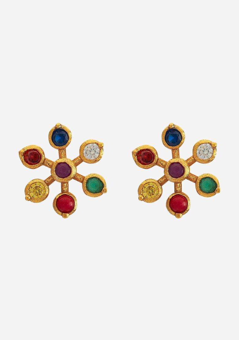 92.5 Pure Silver Gold-Plated Floral Stone Studded Earrings for Women | Traditional Temple Jewellery for Wedding & Festive Wear | Gift for Her - Indya