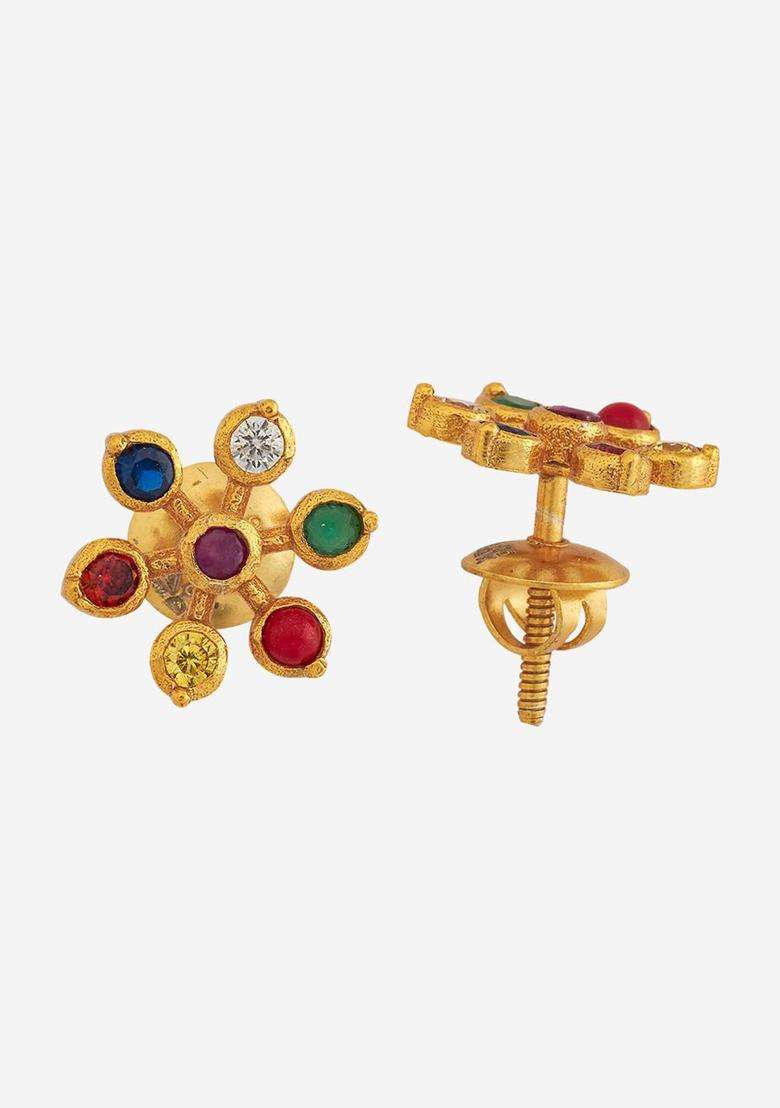 92.5 Pure Silver Gold-Plated Floral Stone Studded Earrings for Women | Traditional Temple Jewellery for Wedding & Festive Wear | Gift for Her - Indya