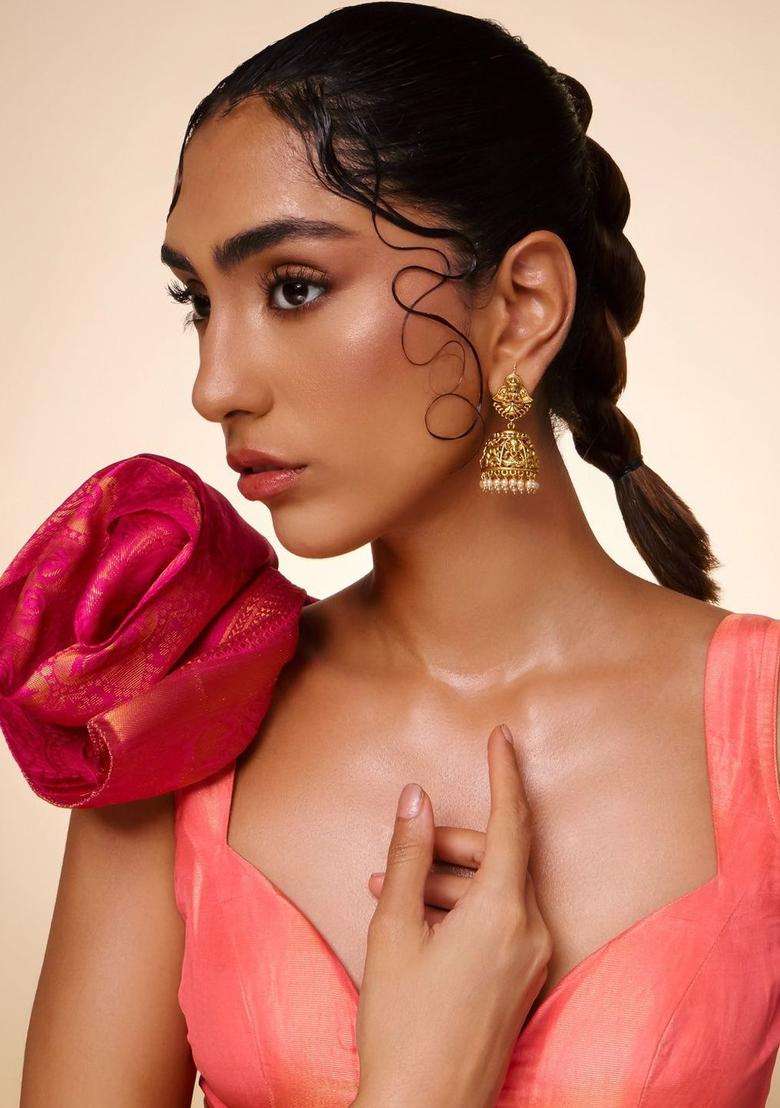 Geometric Jhumkas Gold-Plated Ruby Ethnic Earrings for Women | Traditional Temple Jewellery for Wedding & Festive Wear | Gift for Her - Indya