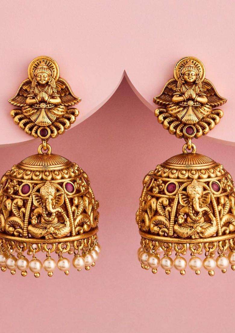 Geometric Jhumkas Gold-Plated Ruby Ethnic Earrings for Women | Traditional Temple Jewellery for Wedding & Festive Wear | Gift for Her - Indya