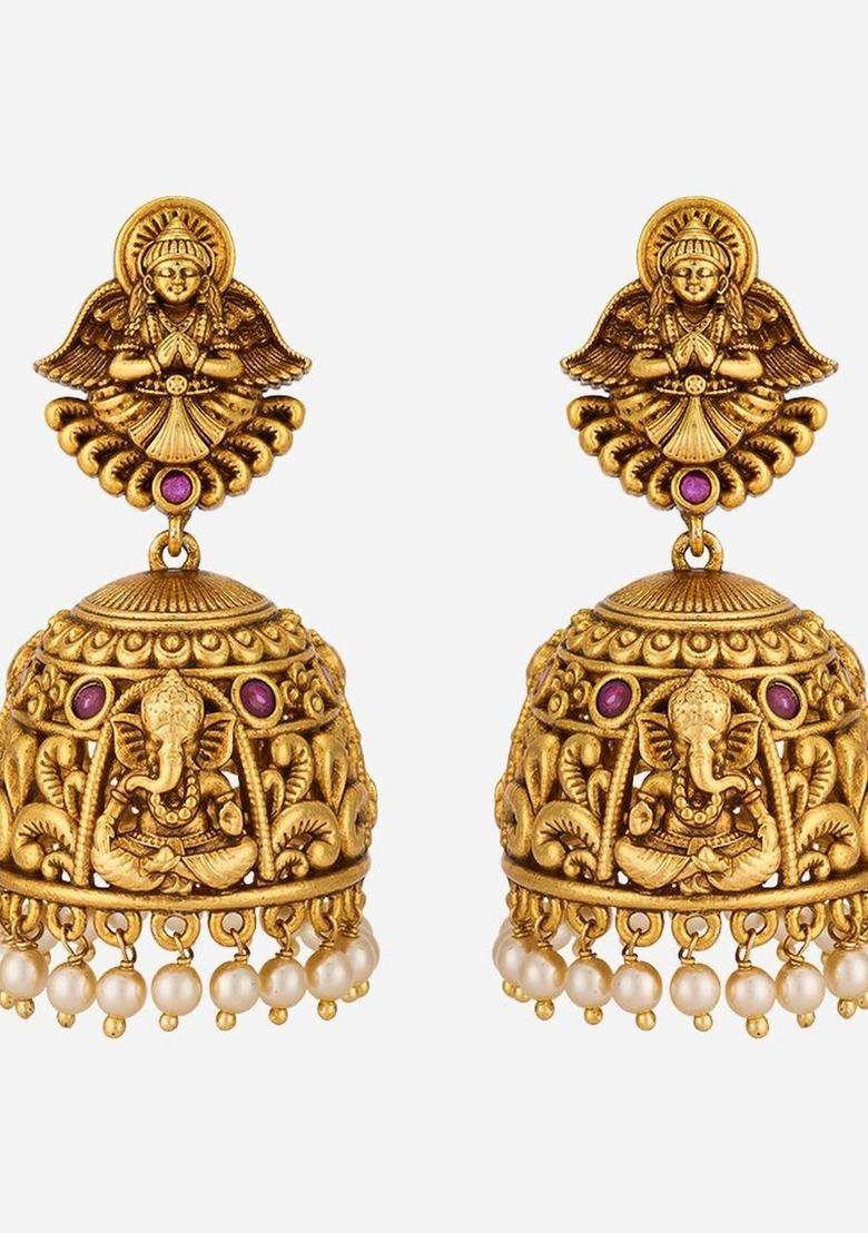 Geometric Jhumkas Gold-Plated Ruby Ethnic Earrings for Women | Traditional Temple Jewellery for Wedding & Festive Wear | Gift for Her - Indya