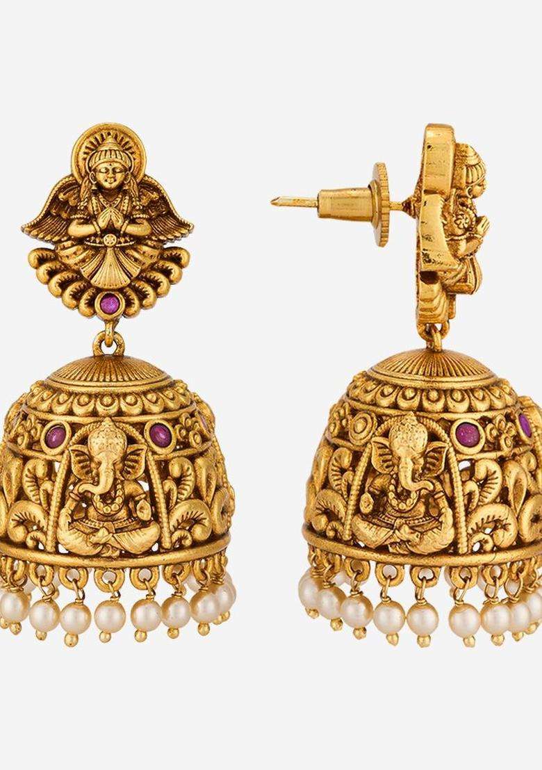 Geometric Jhumkas Gold-Plated Ruby Ethnic Earrings for Women | Traditional Temple Jewellery for Wedding & Festive Wear | Gift for Her - Indya