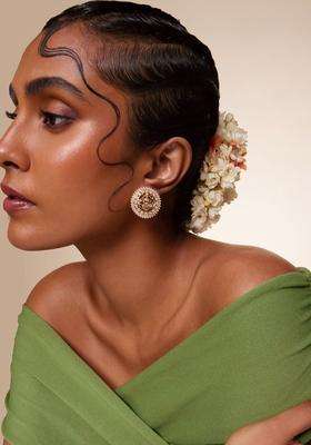 White Circular Studs Gold-Plated Zircon Party Earrings with CZ Stone for Women | Traditional Temple Jewellery for Wedding & Festive Wear | Gift for Her