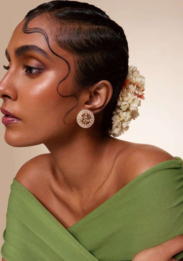 White Circular Studs Gold-Plated Zircon Party Earrings with CZ Stone for Women | Traditional Temple Jewellery for Wedding & Festive Wear | Gift for Her - Indya