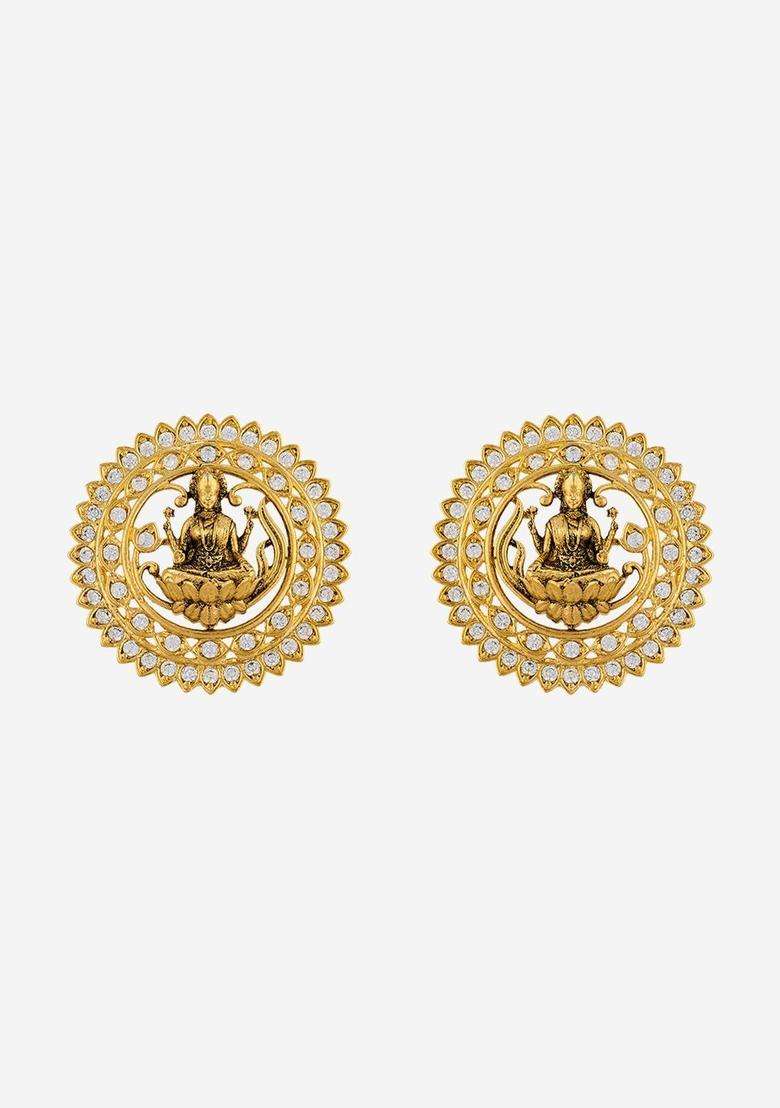 White Circular Studs Gold-Plated Zircon Party Earrings with CZ Stone for Women | Traditional Temple Jewellery for Wedding & Festive Wear | Gift for Her - Indya