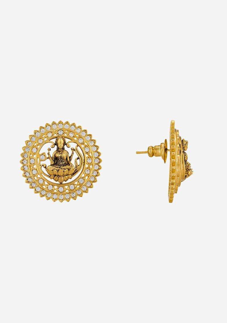 White Circular Studs Gold-Plated Zircon Party Earrings with CZ Stone for Women | Traditional Temple Jewellery for Wedding & Festive Wear | Gift for Her - Indya