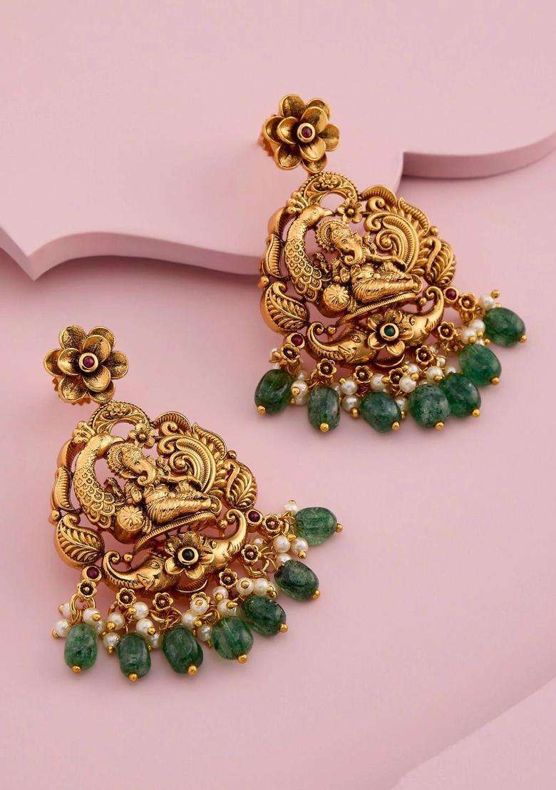 Gold-Plated Geometric Drop Earrings for Women | Traditional Temple Jewellery for Wedding & Festive Wear | Gift for Her - Indya