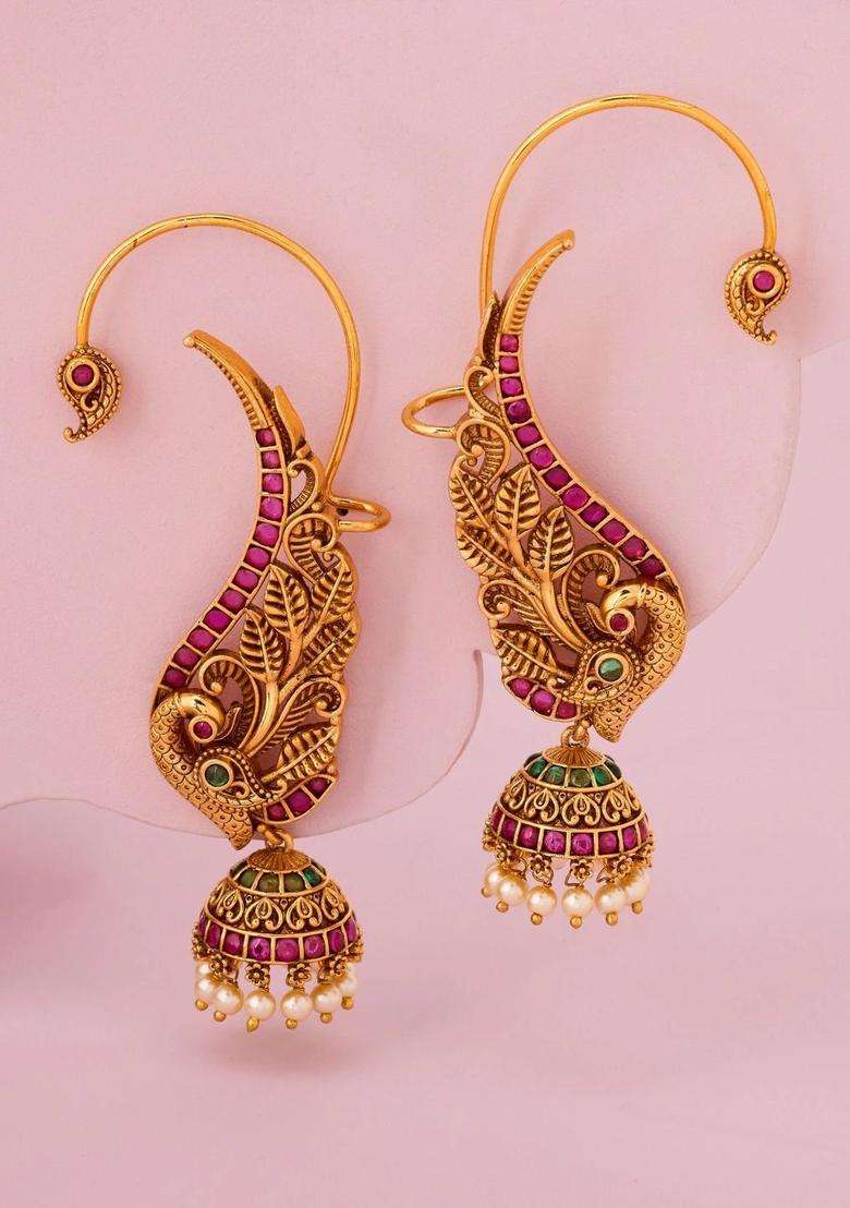 Gold-Plated Peacock Shaped Ear Cuff Earrings for Women | Traditional Temple Jewellery for Wedding & Festive Wear | Gift for Her - Indya