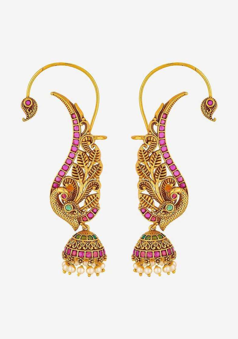 Gold-Plated Peacock Shaped Ear Cuff Earrings for Women | Traditional Temple Jewellery for Wedding & Festive Wear | Gift for Her - Indya