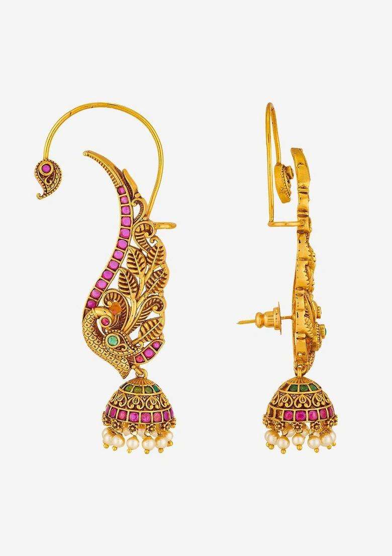 Gold-Plated Peacock Shaped Ear Cuff Earrings for Women | Traditional Temple Jewellery for Wedding & Festive Wear | Gift for Her - Indya