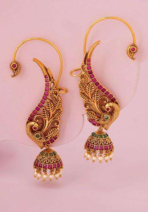 Gold-Plated Peacock Shaped Ear Cuff Earrings for Women | Traditional Temple Jewellery for Wedding & Festive Wear | Gift for Her