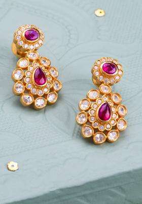 92.5 Pure Silver Gold-Plated Contemporary Temple Ruby Studs Earrings for Women | Traditional Temple Jewellery for Wedding & Festive Wear | Gift for Her