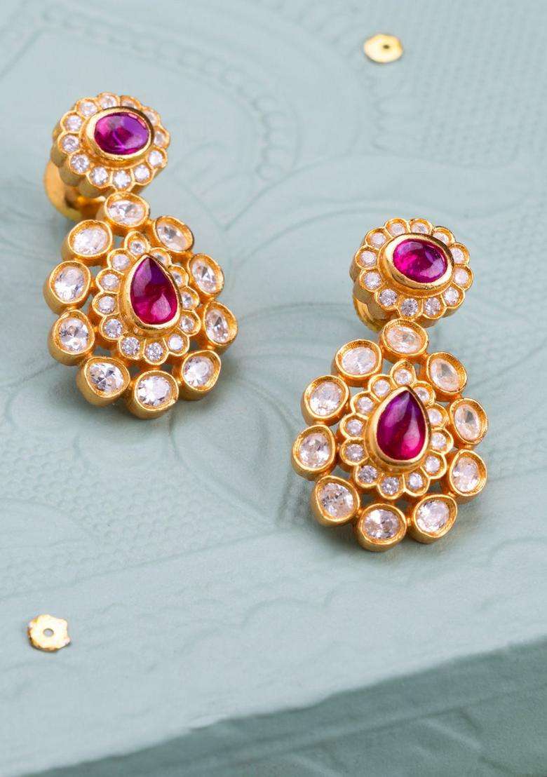 92.5 Pure Silver Gold-Plated Contemporary Temple Ruby Studs Earrings for Women | Traditional Temple Jewellery for Wedding & Festive Wear | Gift for Her - Indya