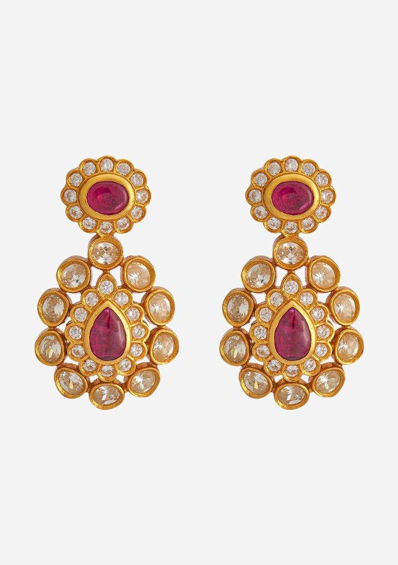92.5 Pure Silver Gold-Plated Contemporary Temple Ruby Studs Earrings for Women | Traditional Temple Jewellery for Wedding & Festive Wear | Gift for Her - Indya