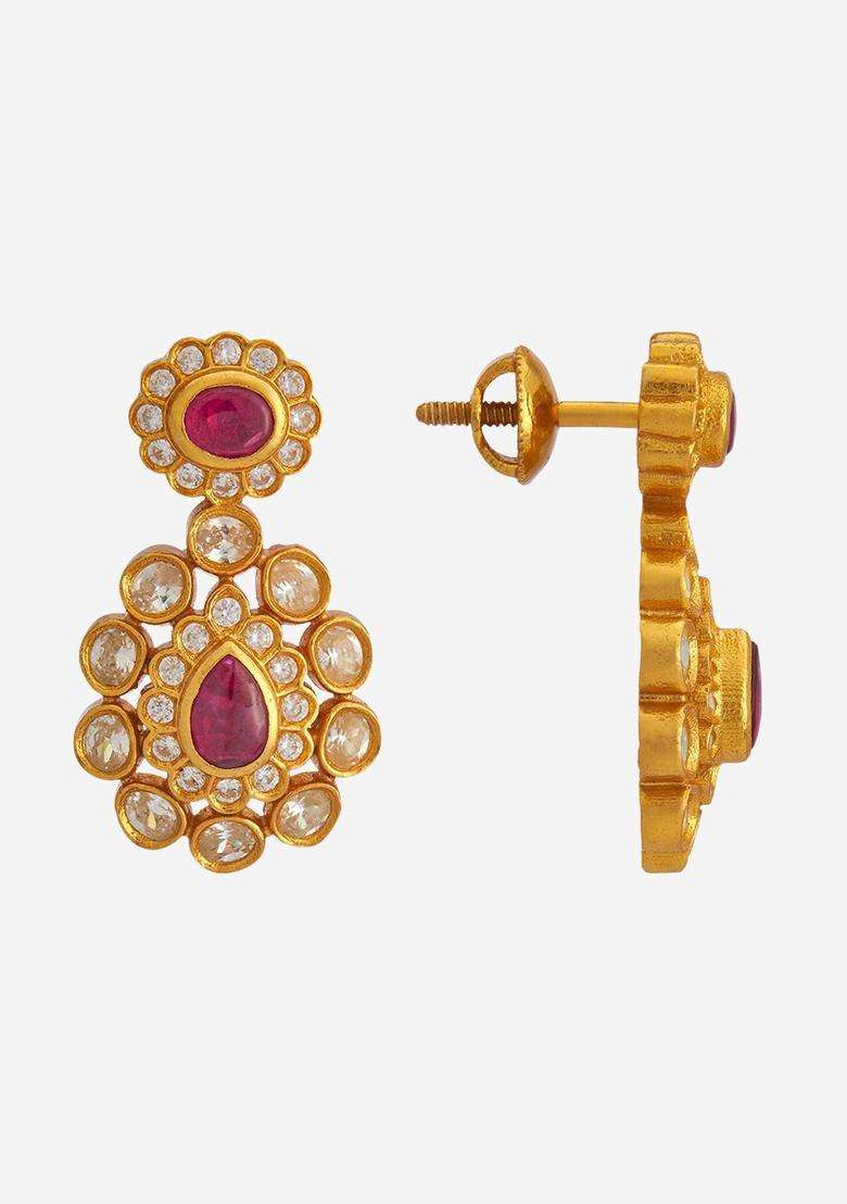 92.5 Pure Silver Gold-Plated Contemporary Temple Ruby Studs Earrings for Women | Traditional Temple Jewellery for Wedding & Festive Wear | Gift for Her - Indya