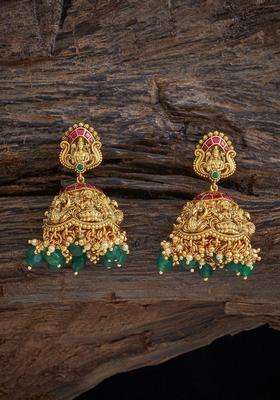 92.5 Pure Silver Gold-Plated Stones Studded Dome Shaped Jhumkas Earrings for Women | Traditional Temple Jewellery for Wedding & Festive Wear | Gift for Her