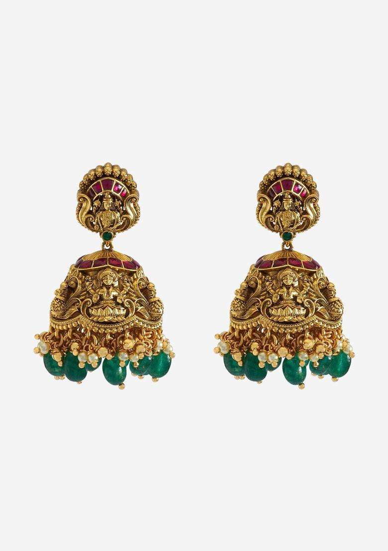 92.5 Pure Silver Gold-Plated Stones Studded Dome Shaped Jhumkas Earrings for Women | Traditional Temple Jewellery for Wedding & Festive Wear | Gift for Her - Indya